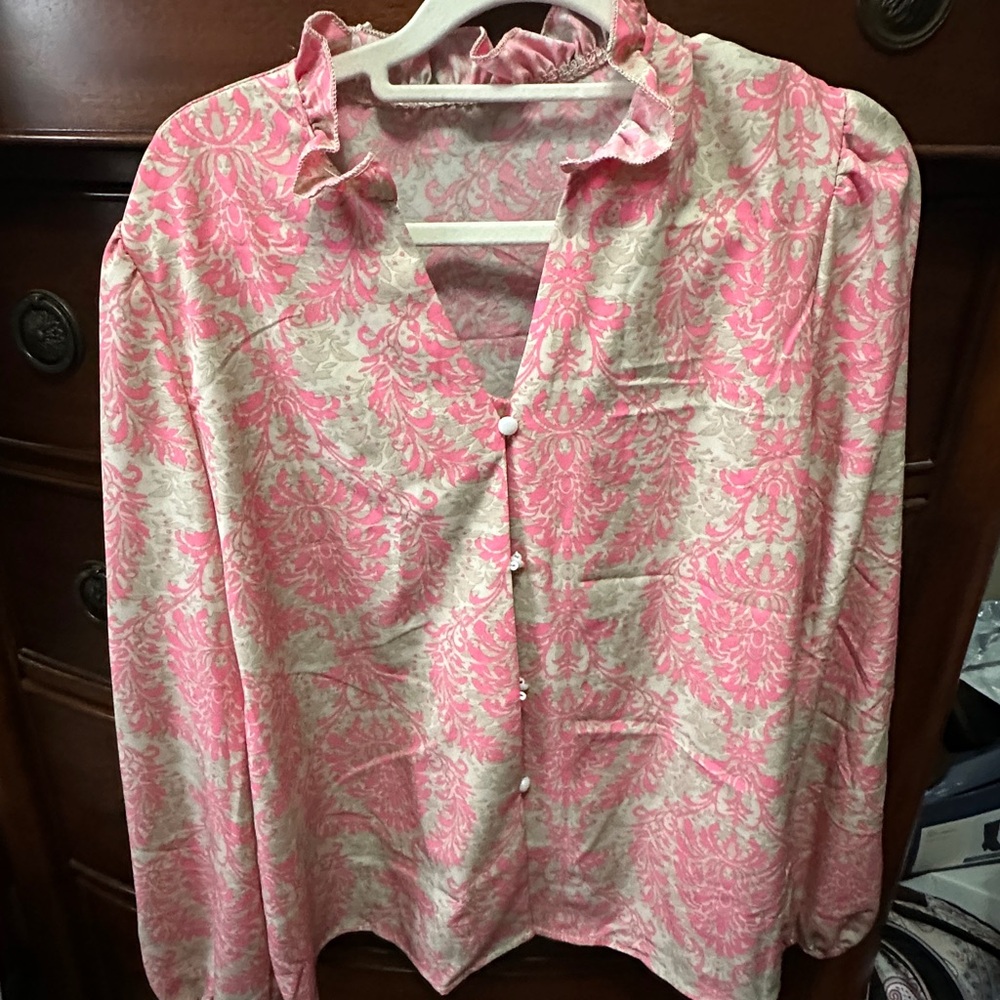 Pink and Cream Button-Up Blouse